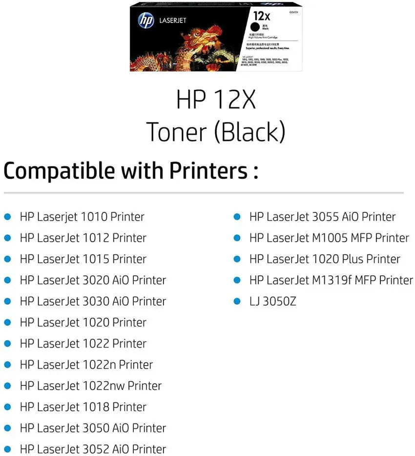 HP 12X High Yield Black Original LaserJet Toner Cartridge (Q2612X) Aos Cartridge