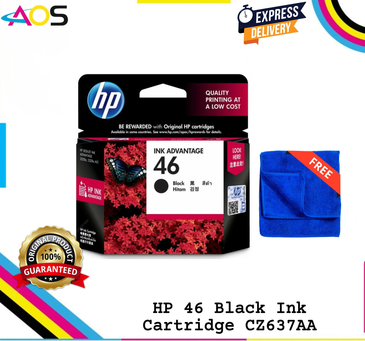 HP 46 Black Ink Cartridge with 1pcs Free MicroFiber Cloth Aos Cartridge