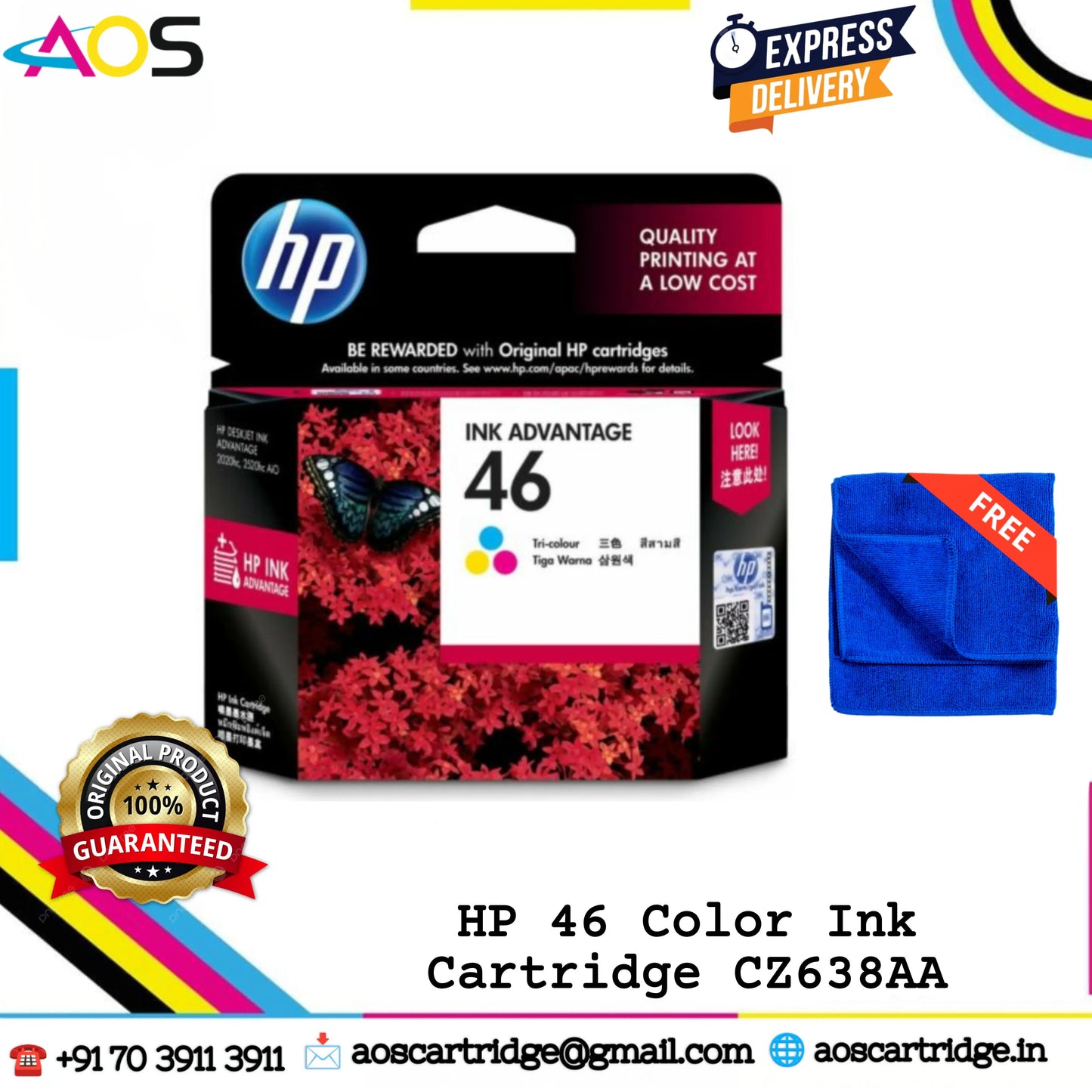 HP 46 Tri-Color Ink Cartridge with 1pcs Free MicroFiber Cloth Aos Cartridge