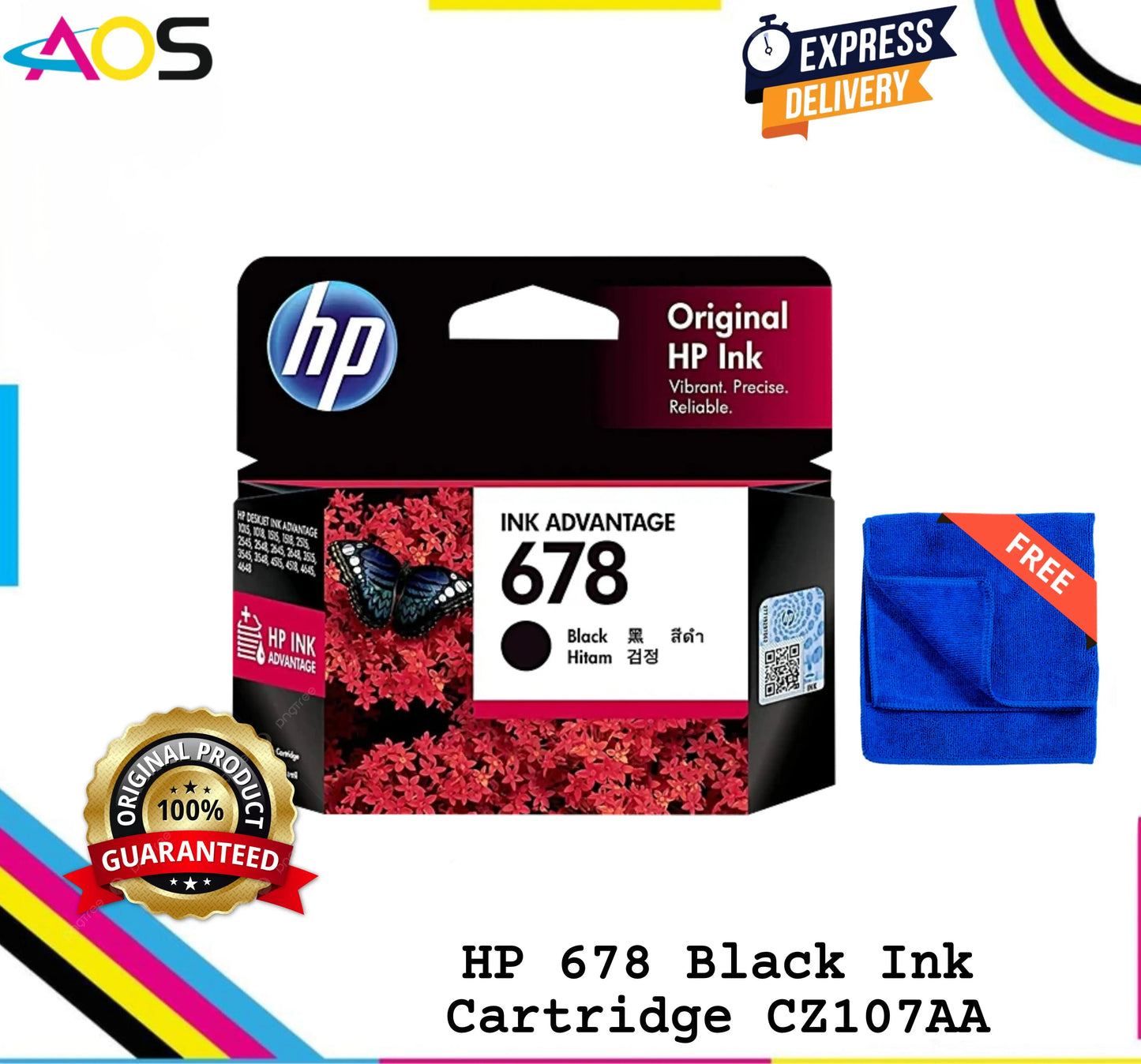 HP 678 Black Ink Cartridge with 1pcs Free MicroFiber Cloth Aos Cartridge