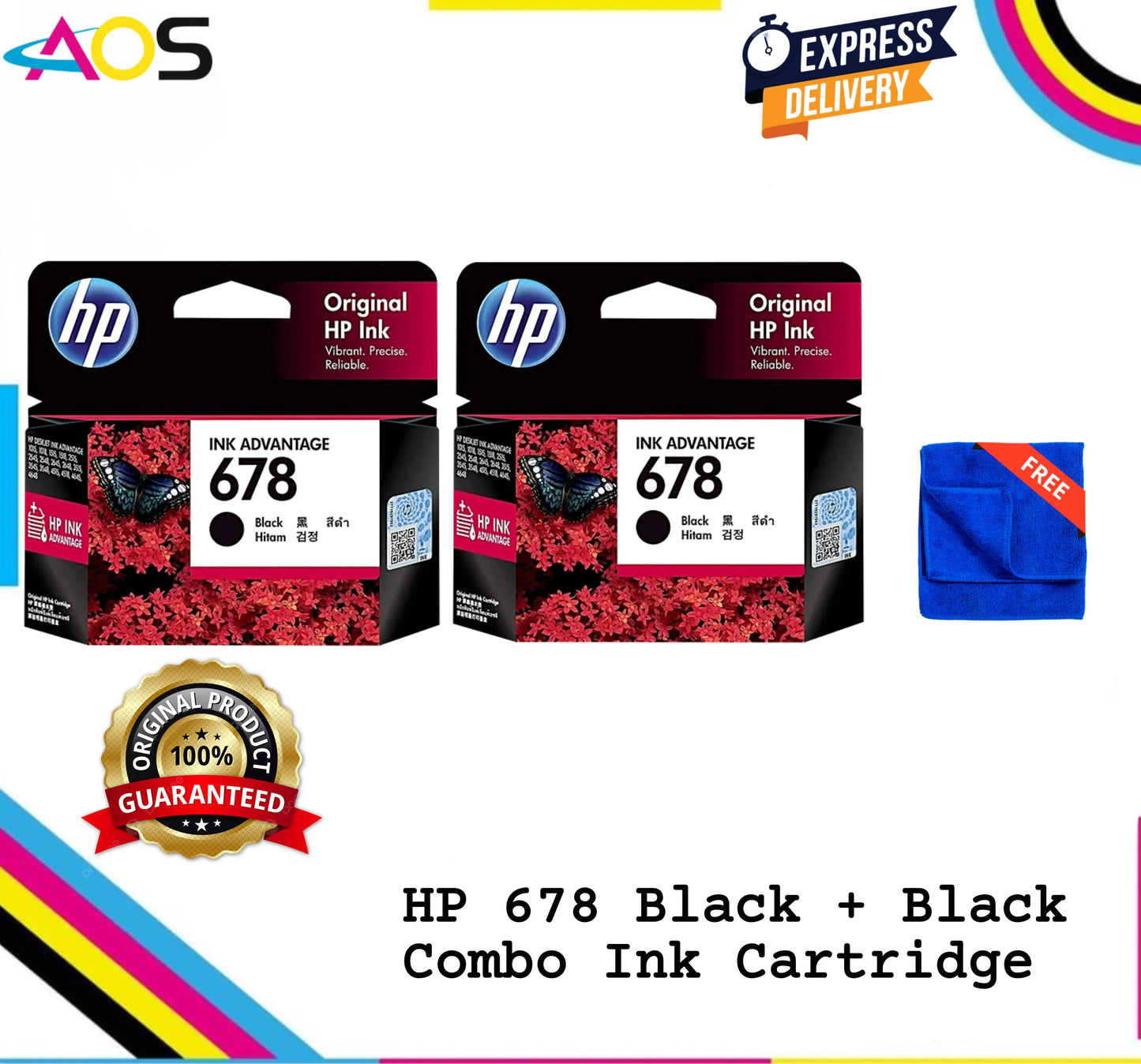 HP 678 Black Twin Pack Ink Cartridge with 1pcs Free Microfiber Cloth Aos Cartridge