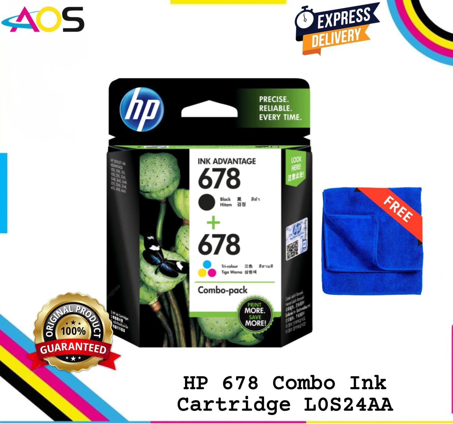 HP 678 Black+Tri-Color Combo Ink Cartridge with 1pcs Free MicroFiber Cloth Aos Cartridge