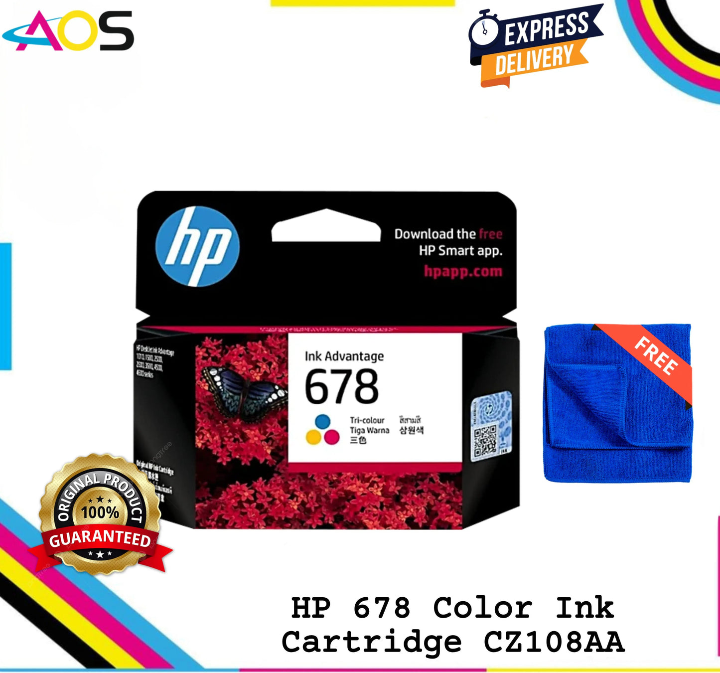 HP 678 Tri-Color Ink Cartridge with 1pcs Free Microfiber Cloth Aos Cartridge