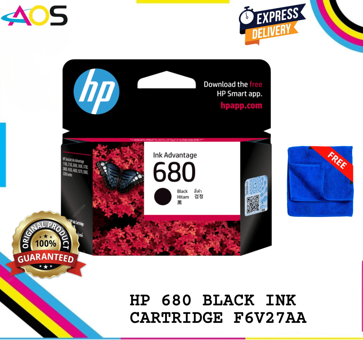 HP 680 Black Ink Cartridge With 1pcs Free MicroFiber Cleaning Cloth Aos Cartridge