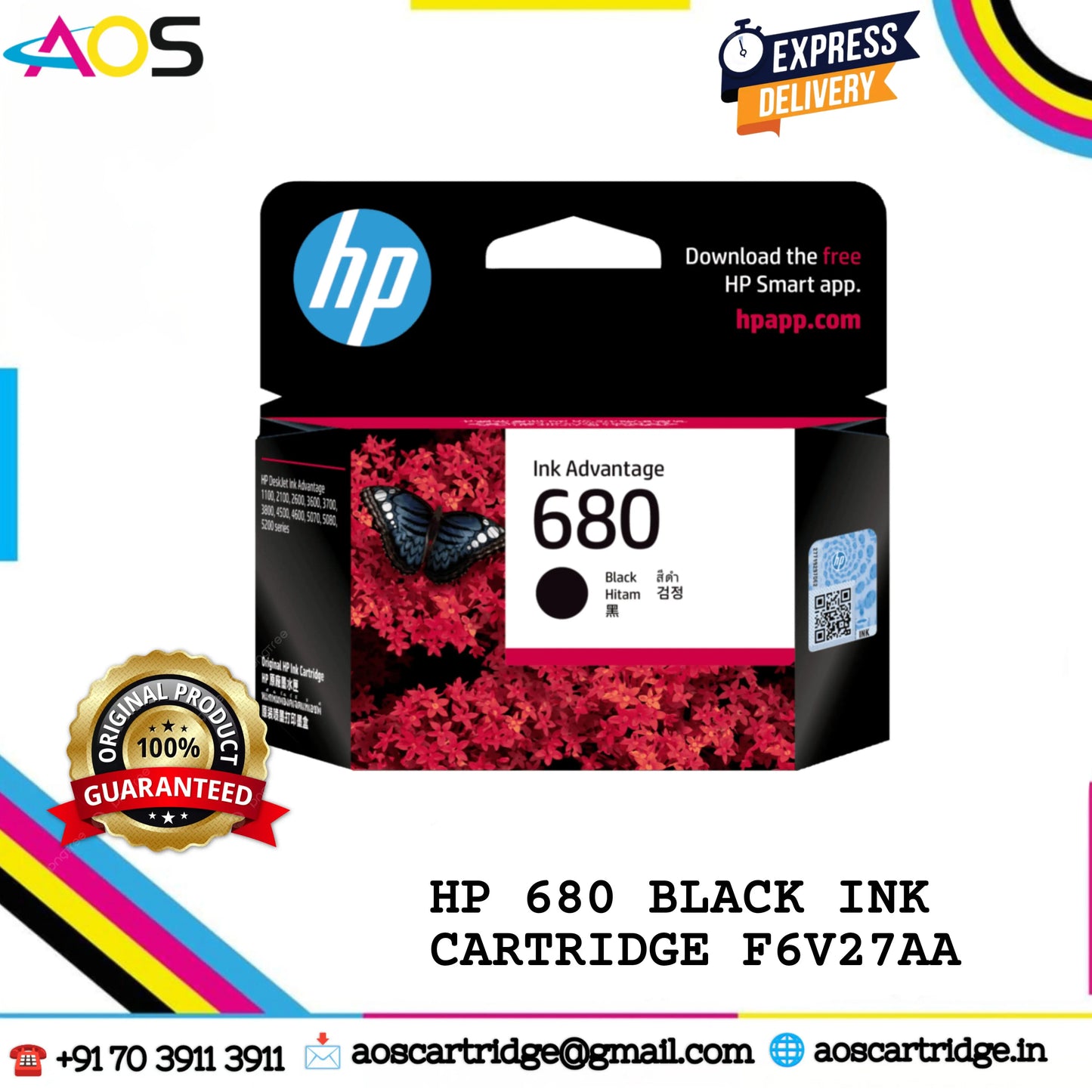 HP 680 Black Original Ink Cartridge, F6V27AA - Rs.710 Aos Cartridge