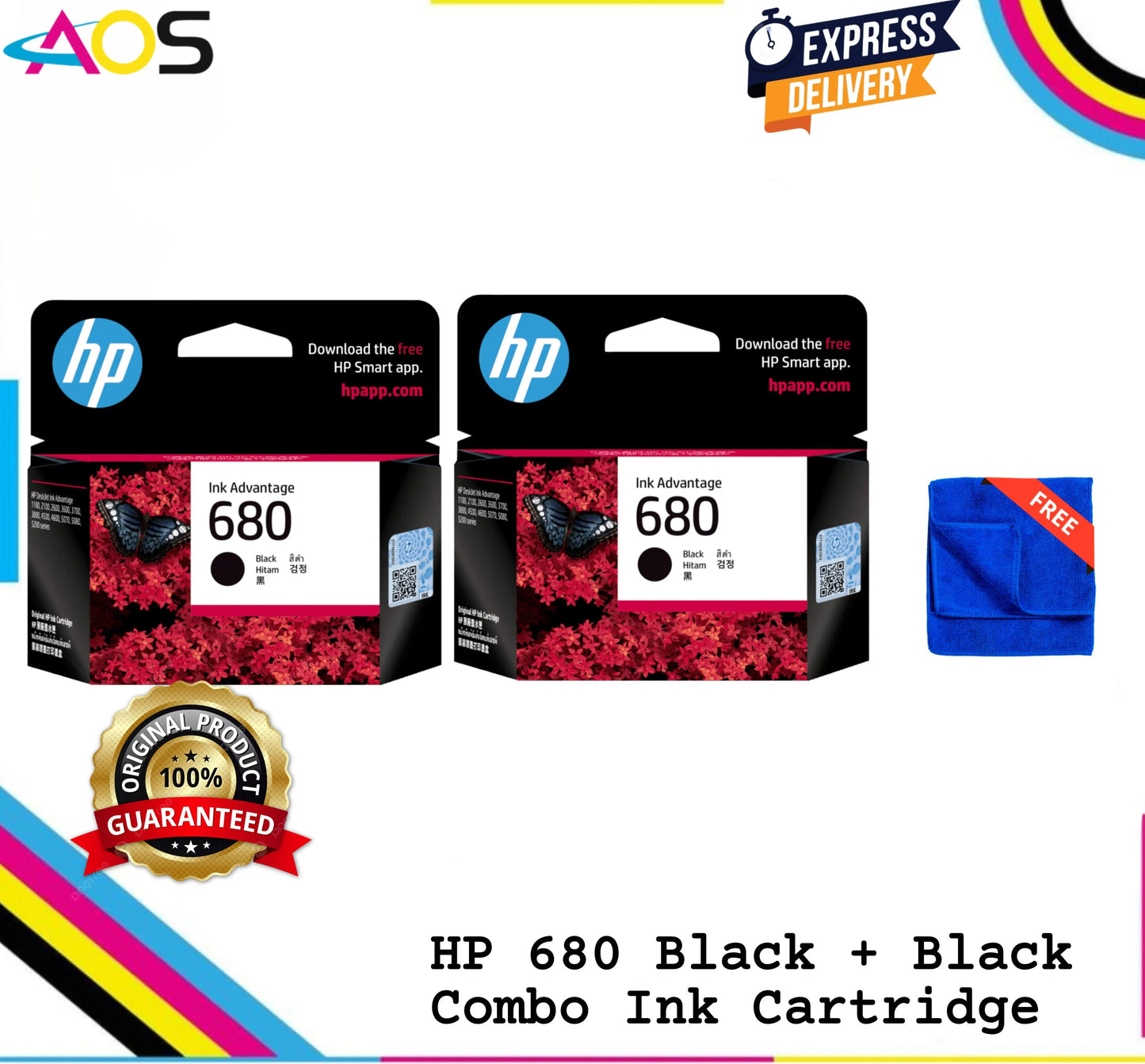 HP 680 Black Twin Pack Ink Cartridge with 1pcs Free Microfiber Cloth Aos Cartridge