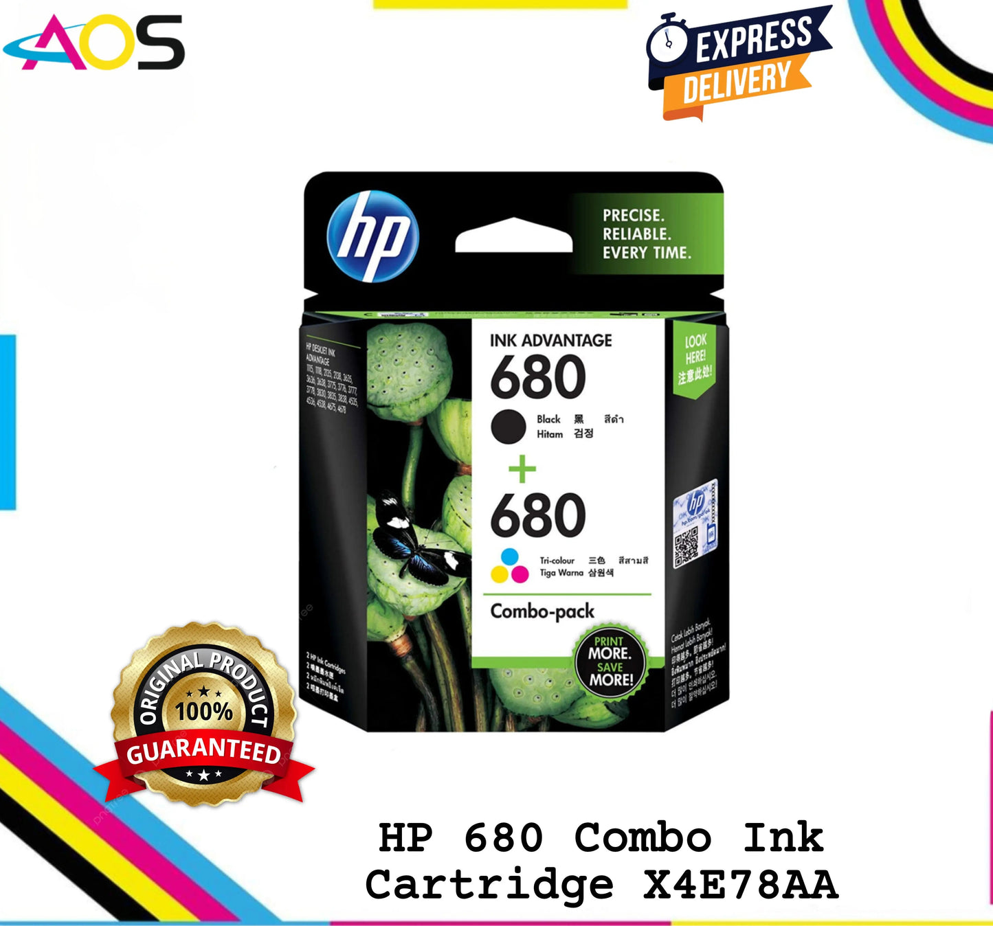 HP 680 Black+Tri-Color Combo Ink Cartridge & 1pcs Free MicroFiber Cloth Aos Cartridge