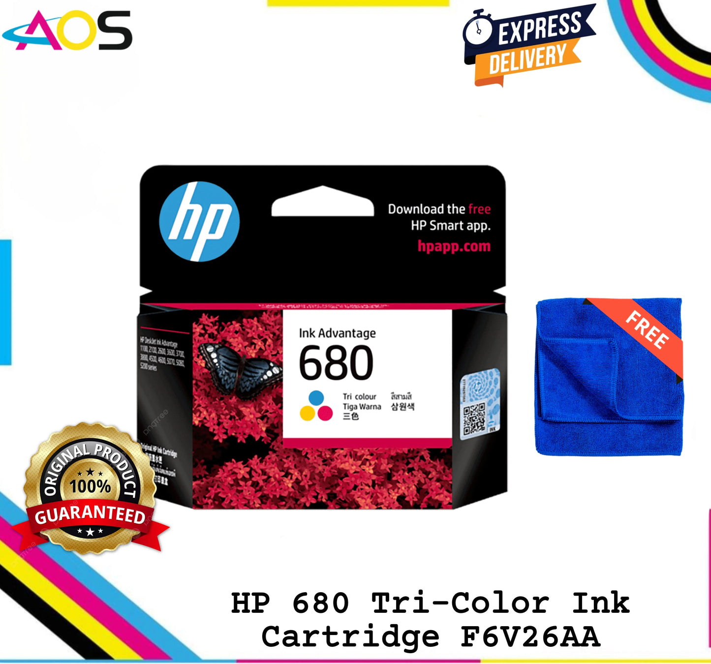 HP 680 Tri-Color Ink Cartridge & 1pcs Free MicroFiber Cloth Aos Cartridge