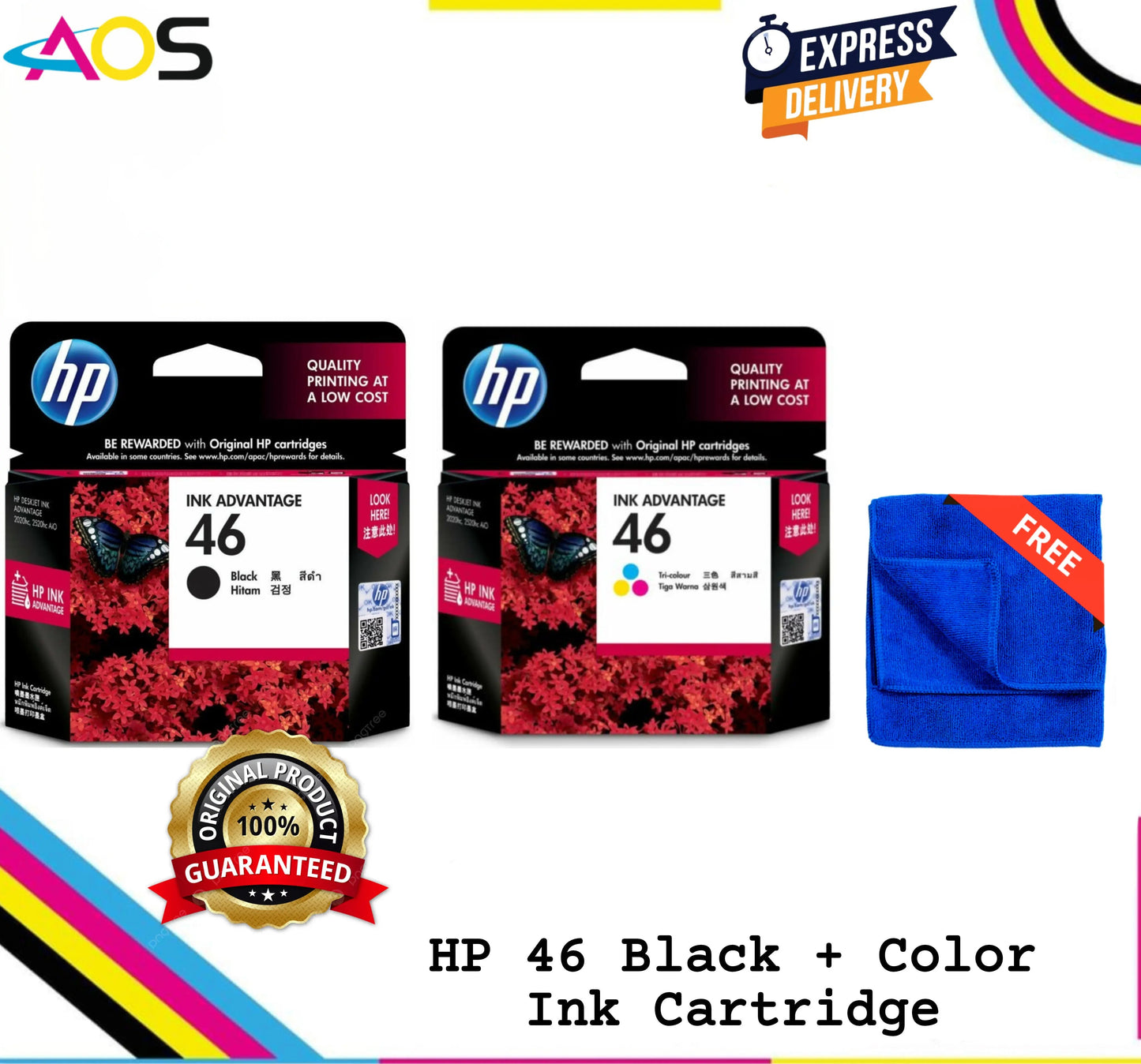 HP Original 46 Black+Tri-Color Combo pack Ink Cartridge with 1pcs Free Microfiber Cloth Aos Cartridge